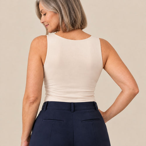 Built-in bra comfort tank in beige, back view