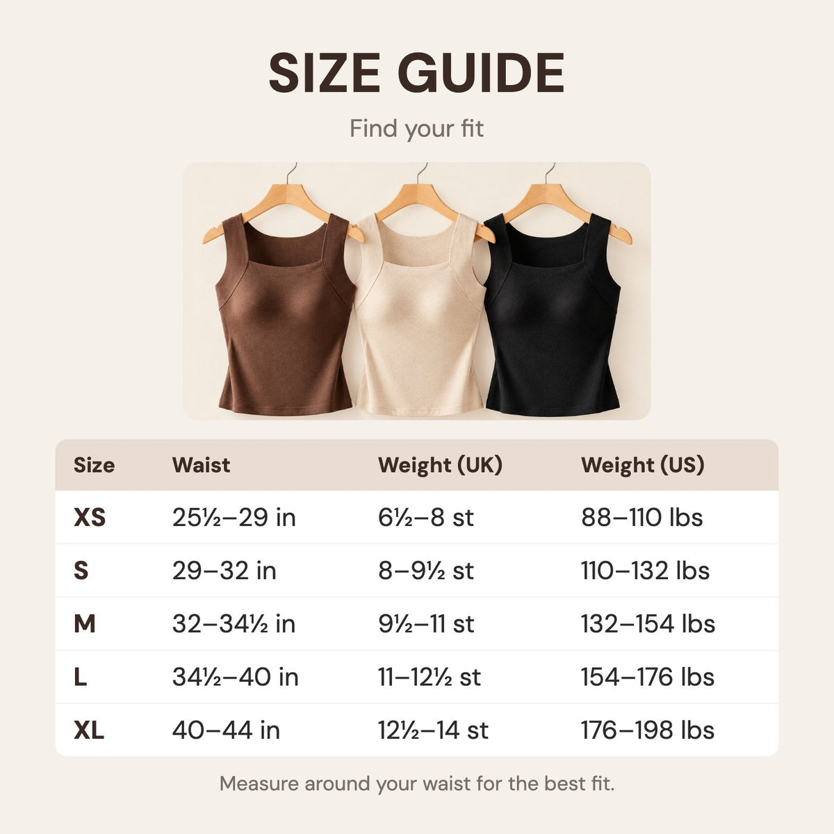 Size guide: waist and weight for XS to XL